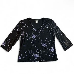 Vtg Black and Purple Floral Blouse